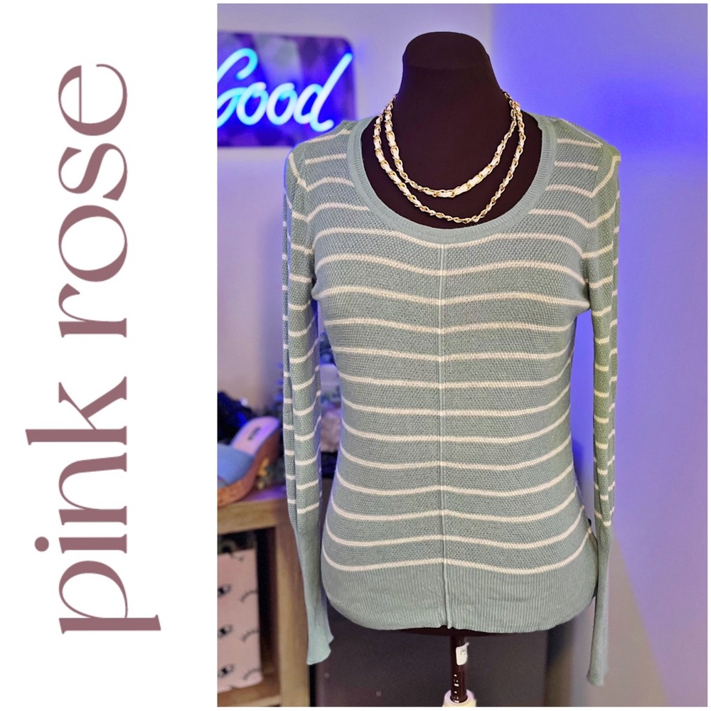 Pink Rose Striped Sweater in Dusty Blue with Cross Cross Detail Down Back
